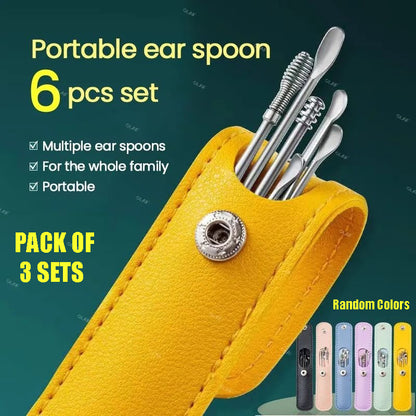 Pack of 3 Sets Stainless Steel Ear Wax Removal Kit with PU Leather Case (6 Pcs per Set) – Portable Ear Cleaner Tool Kit