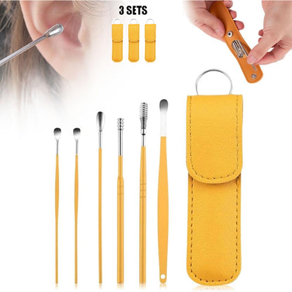 Pack of 3 Sets Stainless Steel Ear Wax Removal Kit with PU Leather Case (6 Pcs per Set) – Portable Ear Cleaner Tool Kit
