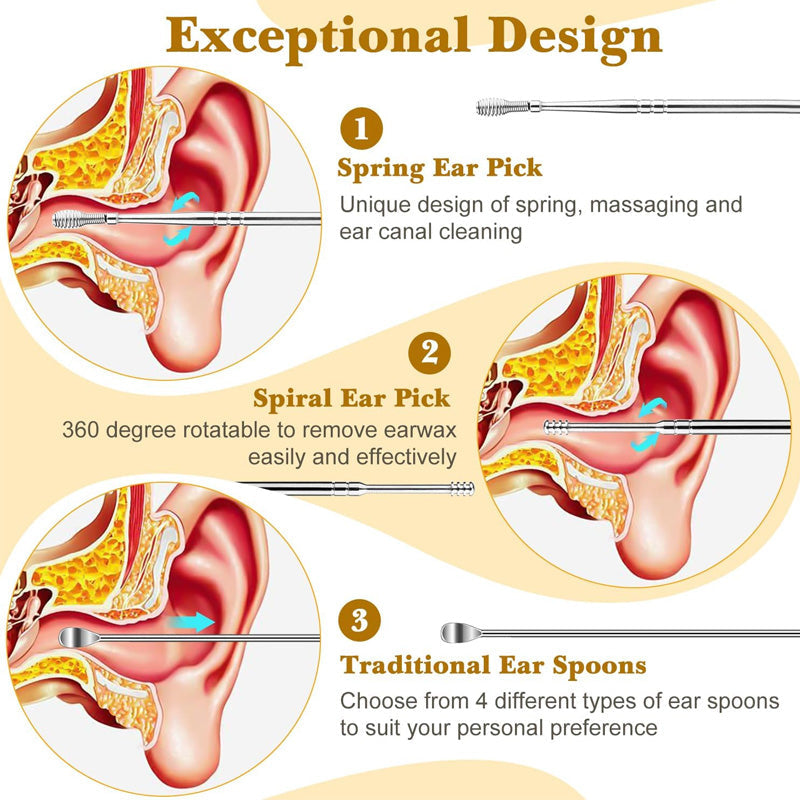 Pack of 3 Sets Stainless Steel Ear Wax Removal Kit with PU Leather Case (6 Pcs per Set) – Portable Ear Cleaner Tool Kit