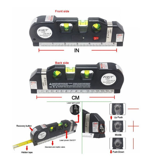 4-in-1 Fixit Laser Level Measuring Tool – With 8ft Tape, Triple Bubble Level